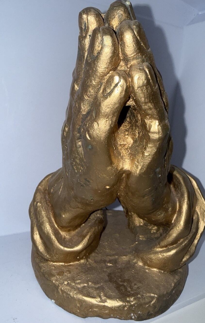 Vintage Praying Hands Sculpture Mexico Mexican Art Gold Chalk-Ware Heavy 10”